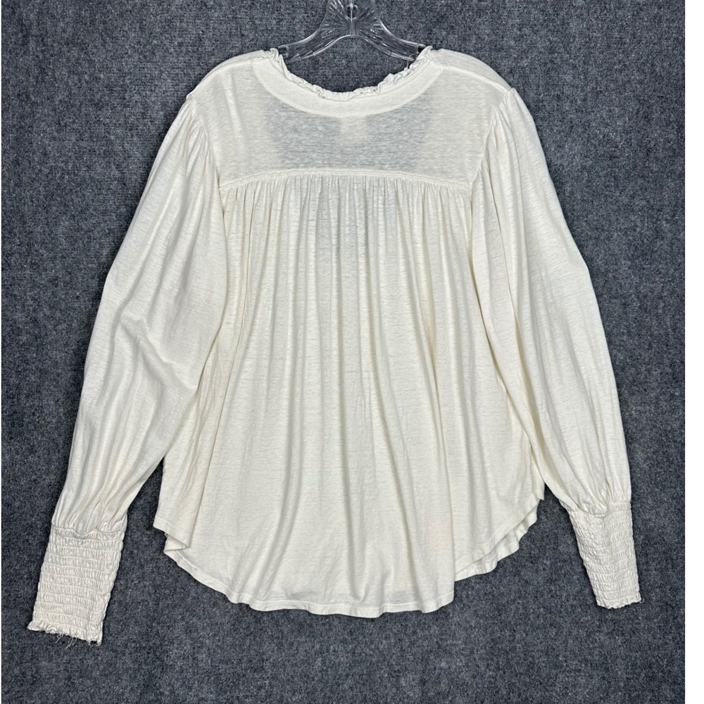 Free People Women Smocked Cuff V Neck Top Medium Boho Slub Knit Ivory White - Picture 5 of 12